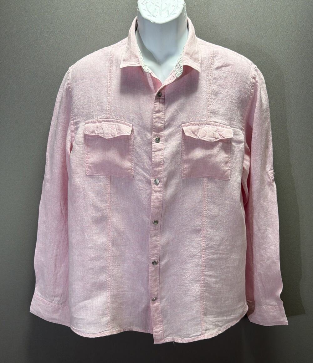Calvin Klein 100% Linen Long Sleeve Button Up Shirt Large Pink Solid Pockets